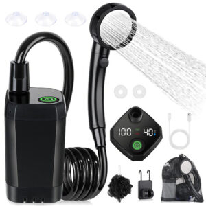 Portable Black Camping Shower with 6000mAh Rechargeable Battery and LED Display