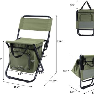 Portable Folding Camping Chair with Insulated Cooler Bag, Heavy‑Duty Steel Frame Fishing Chair with Backrest, Compact Foldable Seat for Fishing Camping Picnic Outdoor Sports，Army green