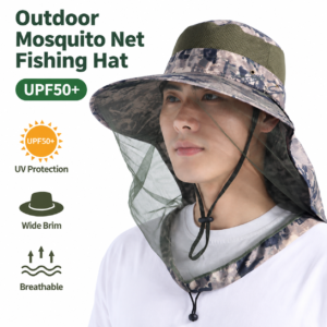 Camouflage Brown Adjustable Anti-Mosquito Sun Fishing Hat - Breathable Full Face Mesh Veil & Outdoor Sun Protection Hat with Windproof Drawstring